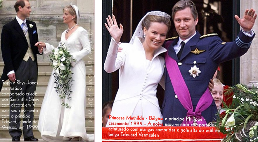 casamentos condes e principes do mundo 1999 - Sophie Rhys-Jones em vestido comportado criado por Samantha Shaw com decote em V para seu casamento com o príncipe Edward, conde de Wessex, em 1999